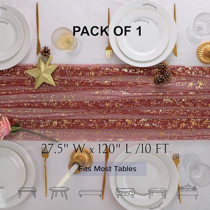 Snowkingdom Burgundy Gold Gauze Table Runner 10 Ft, Glitter Sheer Metallic Foil - Image 2