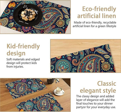 Table Placemats Set of 6 Indian Vintage Paisley Pattern Blue Place Mats Washable Kitchen Dining Linen Table Mats Stain Heat, for Home Party Indoor 12x18 in
