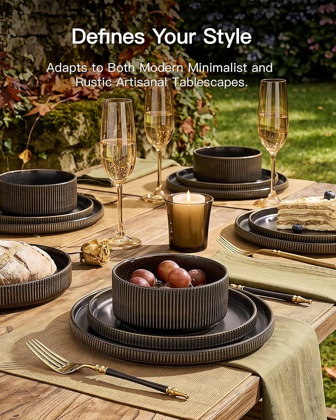 Stoneware Dinnerware Set for 4, Reactive Glaze, Handmade Ribbed Dishes - Image 2