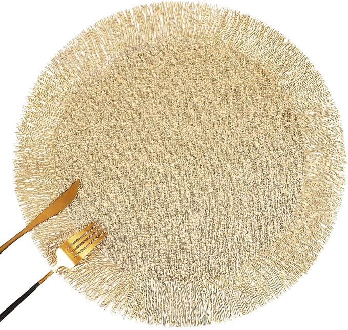 FAVE Set of 10 Round Gold Vinyl Placemats, Luxury Spiral Pattern for Formal Events, Restaurant, Parties, Birthdays (15 Inch,10PCS)
