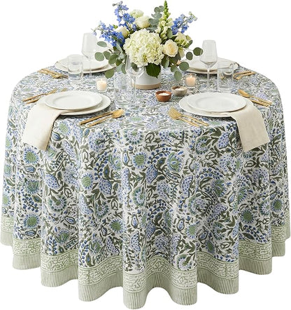 ATOSII Clover Blue 100% Cotton Round Boho Fall Tablecloth, Handblock Floral Table Cloth Linen for Kitchen Dining I Parties Outdoors Christmas Thanksgiving Fall Home Decor 72" Inches Round I 4-6 Seater