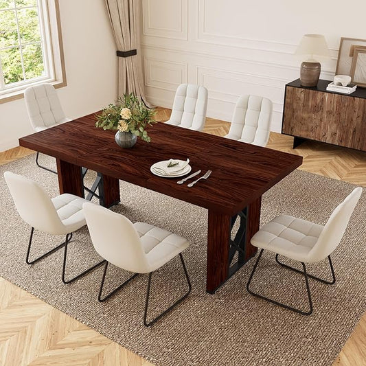 7-Piece Dining Table Set for 6 People, 70.8" MDF Kitchen Table with 6 Upholstered Chairs, Space-Saving for Dining Room, Breakfast Nook(Walnut Table+6 White Chairs