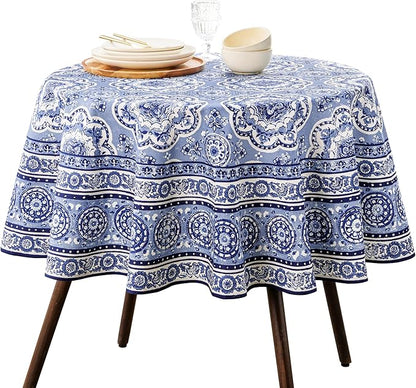 Maison d' Hermine Table Cloth Round Table 100% Cotton 63 Round Inches Tablecloth Reusable Decorative for Dining Room Farmhouse Home Valentines Day Decorations Spring Summer - Melodie Bleue