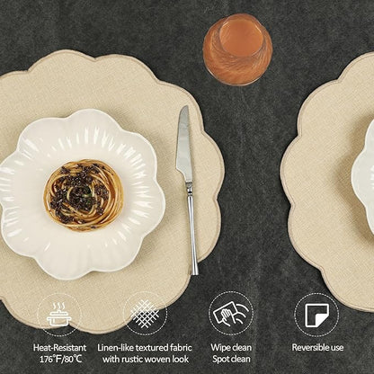 AHHFSMEI Round Faux Linen Placemats Set of 8 Waterproof Table Mats Heat Resistant Non-Slip and Stain Proof for Kitchen Dining Elegant Decor (Beige,8)