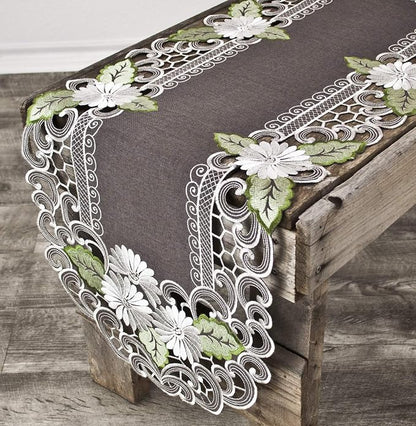 LINENS ART AND THINGS Table Runner Embroidered Pearlescent Daisy Flowers - Image 3