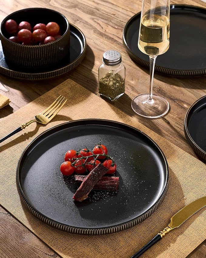Stoneware Dinnerware Set for 4, Reactive Glaze, Handmade Ribbed Dishes - Image 3