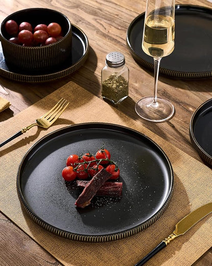 Stoneware Dinnerware Set for 4, Reactive Glaze, Handmade Ribbed Dishes - Image 3