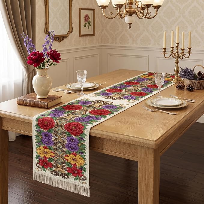 Ornate Floral Table Runner Victorian Decorative Nature Embroidery Celebration - Image 5