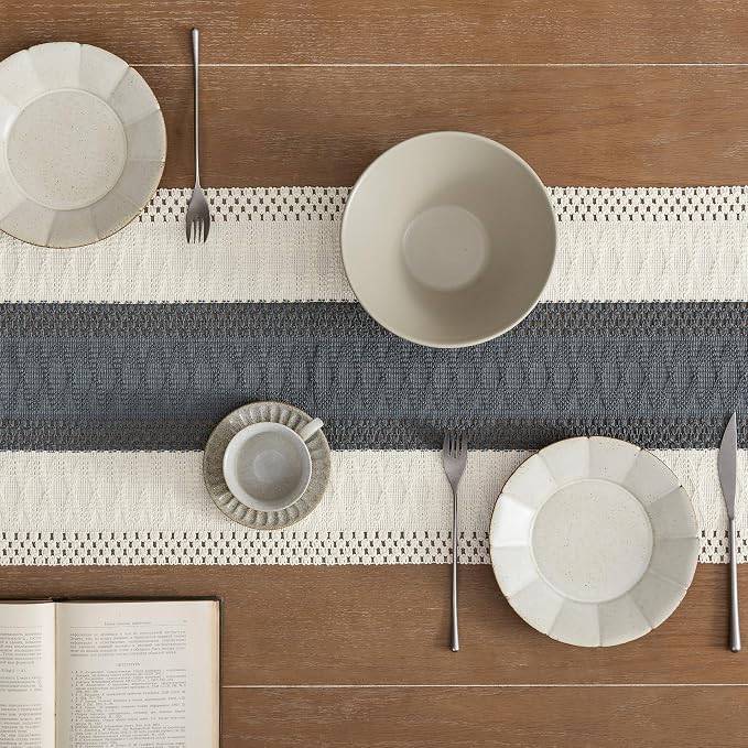 Macrame Style Bicolor Stitching Table Runner 14x36in Charcoal | Woven Boho - Image 5