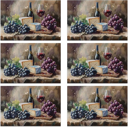 Wine Placemats, Red White Grapes Wooden Placemats 12x18 Inch Waterproof Non-Slip Washable Table Mats for Kitchen Dining Party Table Decor,Set of 6