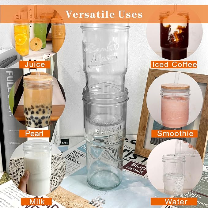 ANOTION Glass Cups with Lids and Straws 4 Packs, 24oz Travel Coffee Mug Bamboo - Image 4