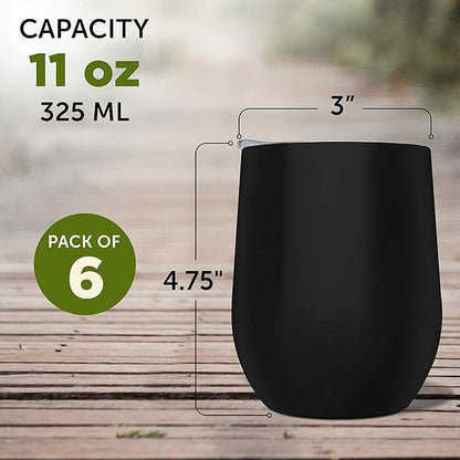 DISCOUNT PROMOS Stemless Wine Glass Tumblers with Lids by Largo 11 oz. Set of 6, Bulk Pack - Perfect for Wine, Cocktails, Other Hot & Cold Beverages - Black