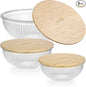 Stackable Space-Saving Nesting Set of 3 Glass Bowls with Bamboo Lids for Foodprep, Storage, Mixing & Cooking - Microwave & Oven Safe BPA Free Durable Heat Resistant Inert Borosilicate Glass