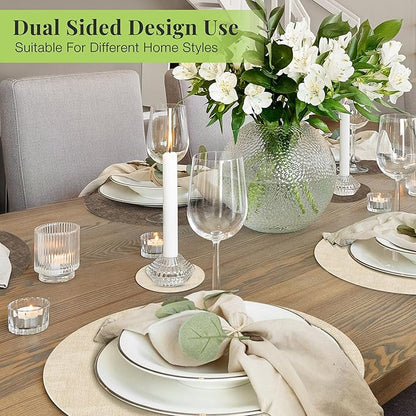 13-Inch Faux Leather Round Placemats Set of 6, Waterproof Anti-Slip Dual Sided Place mats, Heat Resistant Washable Table Mats with Coaster, Suitable for Indoor & Outdoor (6, Beige Dark Coffee)