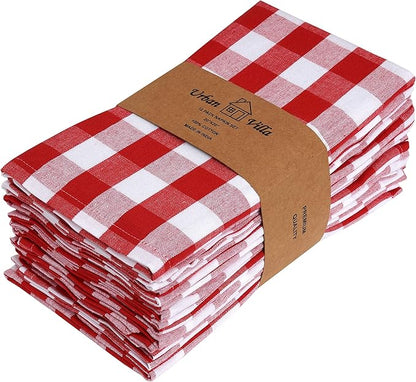 Urban Villa Cloth Napkins Set of 12 20x20 Inches 100% Cotton Napkins Cloth Washable Durable Reusable Absorbent Table Dinner Napkins Cloth for Farmhouse Party Hotel Lunch Restaurant Napkins - Red White