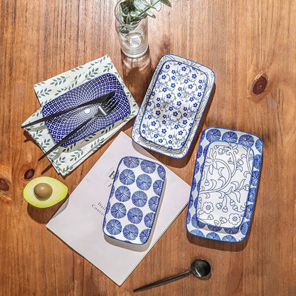 Selamica Rectangular Salad Plates, 7.1 Inch Dessert Plates Ceramic, Small Plates for Appetizer, Snack, Sushi, Fruit, Set of 6, Vintage Blue