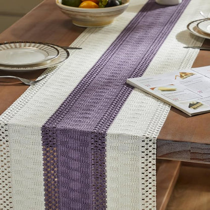 Macrame Style Bicolor Stitching Table Runner 14x48in Purple | Woven Boho Table - Image 5
