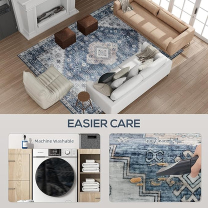 HOMCOM Washable Area Rug, 8'x10' Vintage Indoor Distressed Carpet, Retro Floor Cover Foldable, Floral Print Mat for Living Room, Bedroom, Dining Room, Blue