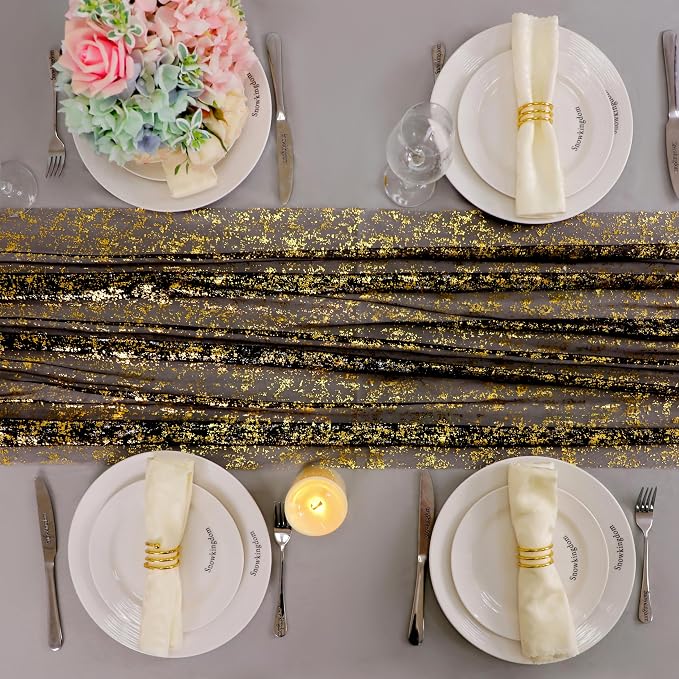 Snowkingdom 10 Pcs Black & Gold Cheesecloth Table Runner 10 FT, Sheer Chiffon - Image 6