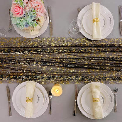 Snowkingdom 10 Pcs Black & Gold Cheesecloth Table Runner 10 FT, Sheer Chiffon - Image 6