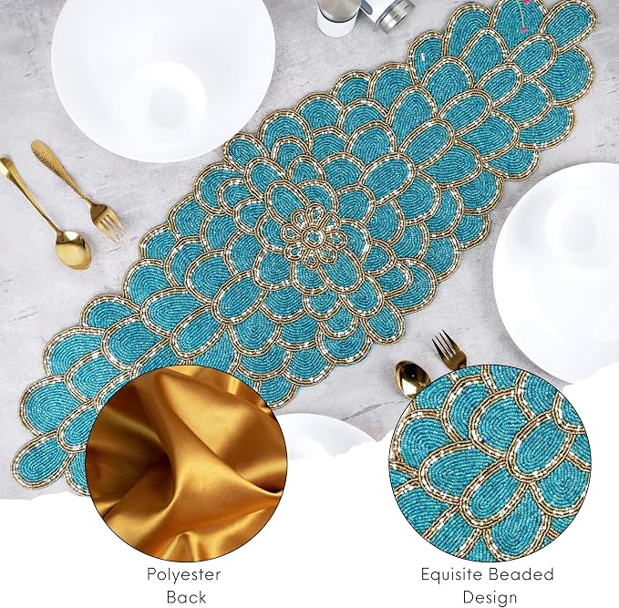 Beaded Table Runner, 13x36 | Handmade floral pattern, 85% glass beads, - Image 3