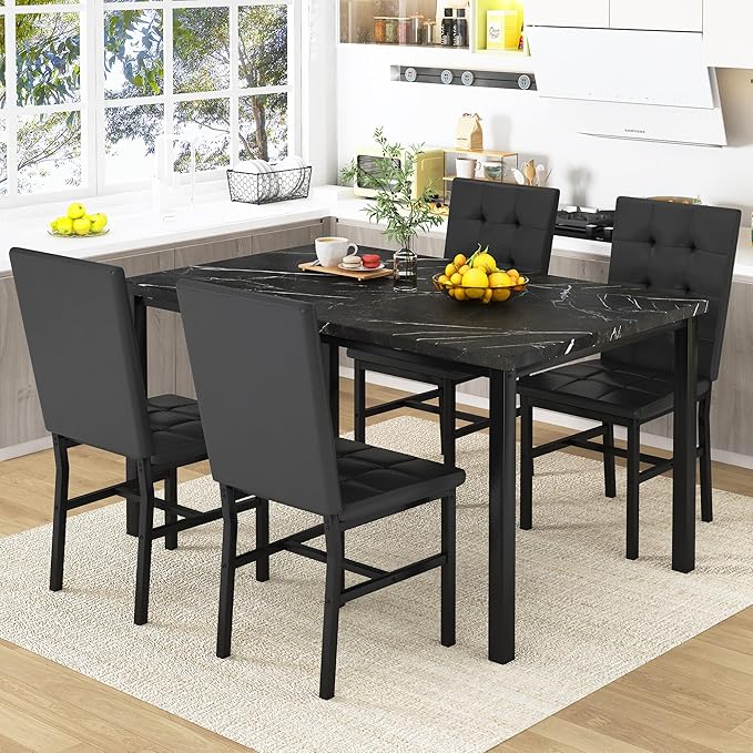 AWQM Dining Table Set for 4,Faux Marble Kitchen Table and Chairs Set of 4, Modern Dining Room Table Set for 4,Dinner Table with 4 Leather Chairs, Dinette Set for Small Spaces (Black&Black)