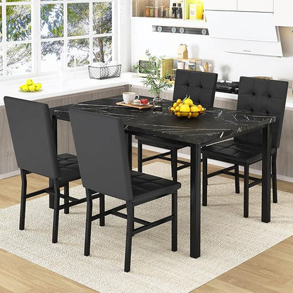 AWQM Dining Table Set for 4,Faux Marble Kitchen Table and Chairs Set of 4, Modern Dining Room Table Set for 4,Dinner Table with 4 Leather Chairs, Dinette Set for Small Spaces (Black&Black)