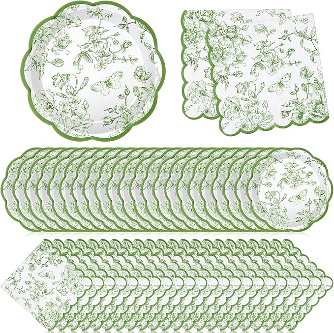 Willinglong 120 Pcs Floral Scalloped Paper Plates and Napkins Set, 2-ply Napkins by Willinglong