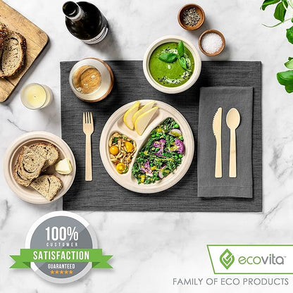 Ecovita 100% Compostable Paper Plates [9 in.] COMPARTMENTS – 150 Disposable Plates Eco Friendly Sturdy Tree Free Liquid and Heat Resistant Alternative to Plastic or Paper Plates