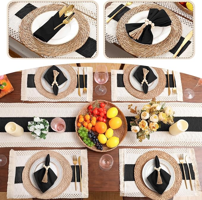 4 Sets Boho Decoration Placemats Round Woven Placemats, Cloth Napkins, Wood - Image 5