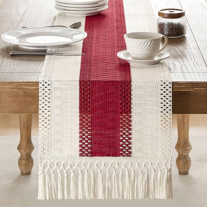 Macrame Style Bicolor Stitching Table Runner 14x60in Red | Woven Boho Table - Image 2