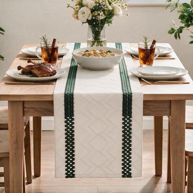 Artoid Mode Forest Green Stripe Woven Rustic Table Runner 12x72 Inch | Holiday - Image 2