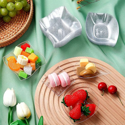 Tessco 800 Pcs Mini Appetizer Plates Set Including 400 Disposable Dessert Plates Assorted Shape 200 Mini Plastic Forks 200 Plastic Spoons for Party(Clear, Silver,Classic)