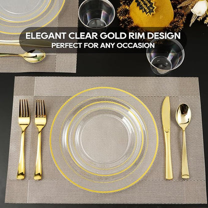 FOCUSLINE 100 Count 10 Inch Clear and Gold Plastic Plates, Disposable Heavy - Image 6