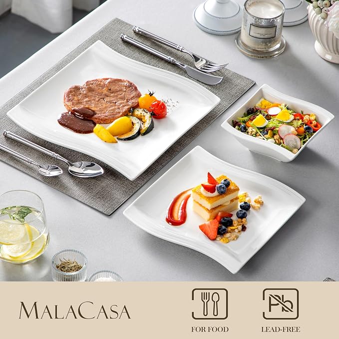MALACASA Plates and Bowls Sets, 26 Pieces Ivory White Porcelain Dinnerware Sets - Image 3
