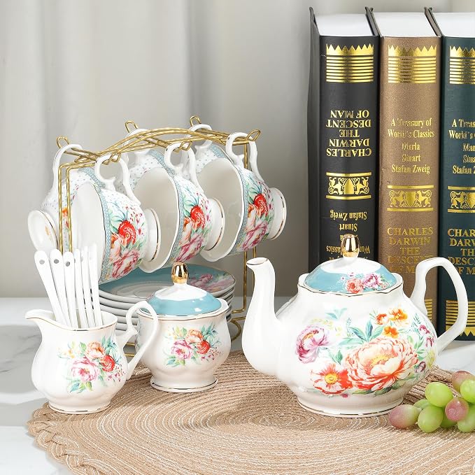 fanquare 21-Piece Green and Floral Porcelain Tea Set, Vintage Ceramic Tea Cup - Image 5