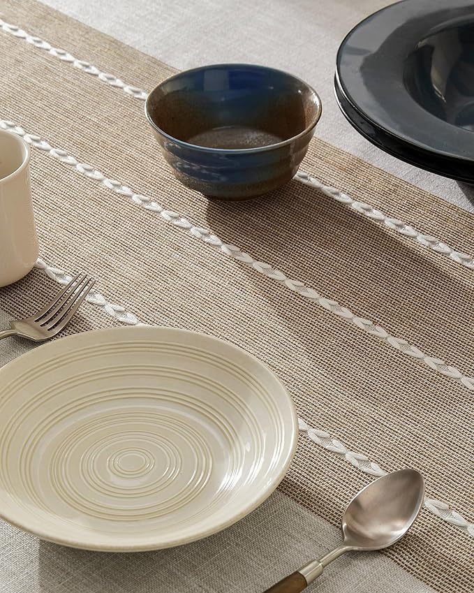ZeeMart Contrast Linen Table Cloth Rectangle Table Cloths 60x120 Inch Brown, Farmhouse Style Heavy Weight Beige Tablecloth, Water Resistant Burlap Tablecloths