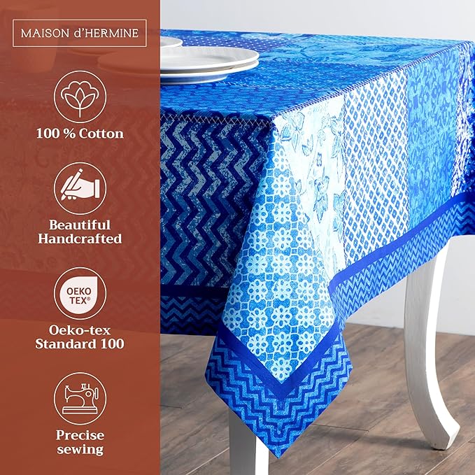 Maison d' Hermine Table Cloth Square Table 100% Cotton 54 x 54 Inches Tablecloth Reusable Decorative for Dining Room Farmhouse Home Valentines Day Decorations Spring Summer - Indigo Love