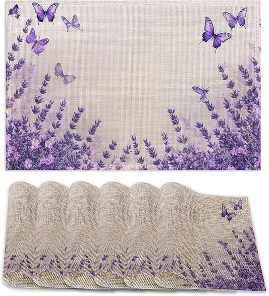 6 Pcs Placemats,Lavender Butterfly Placemat,Purple Table Mats Washable Recyclable Table Placemats for Indoor Outdoor Heat Resistant Kitchen Dining 12"x18"