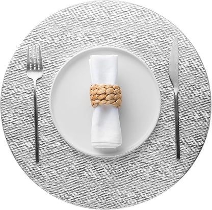 Jovono 15" Faux Leather Big Round Placemats Set of 8 - Washable Heat Resistant Non-Slip Dining Table Mats with Fabric Texture for Kitchen Home Party Wedding Decor, Silver