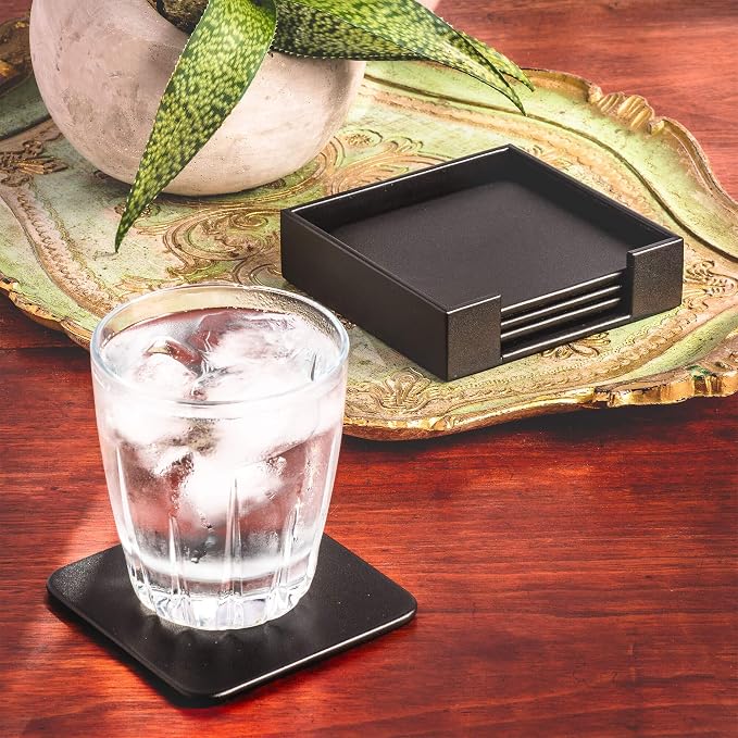 Dacasso Black Leather 4-Square Coaster Set - Image 2