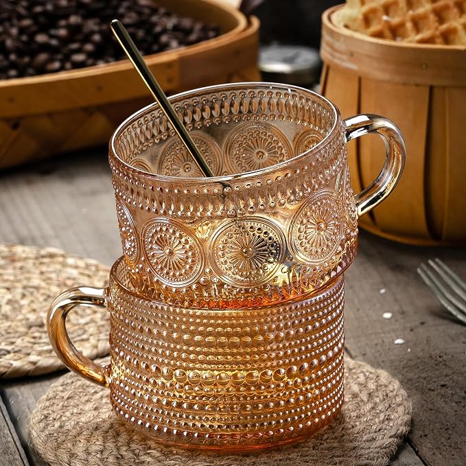 Gezzeny Vintage Coffee Mugs 14 Oz Set of 2 Amber Embossed Glass Tea Cups - Image 5