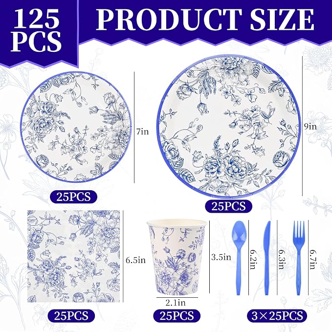 175Pcs Blue Floral Paper Plates and Napkins 25 Guests Blue Toile Chinoiserie - Image 2