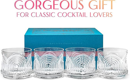 GLASSIQUE CADEAU Vintage Art Deco 1920s Lowball Cocktail Glasses | Set of 4 | 9 oz Crystal Old Fashioned Glassware for Drinking Classic Bar Drinks | Heavy Base Short Rocks Tumblers for Women