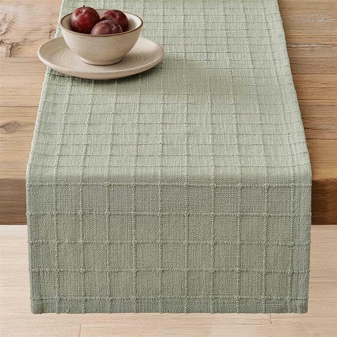 Artisanal Grid Linen Table Runner, 13x36 Inches Seeding Green | Heavy Textured by ZEEMARTONLINE
