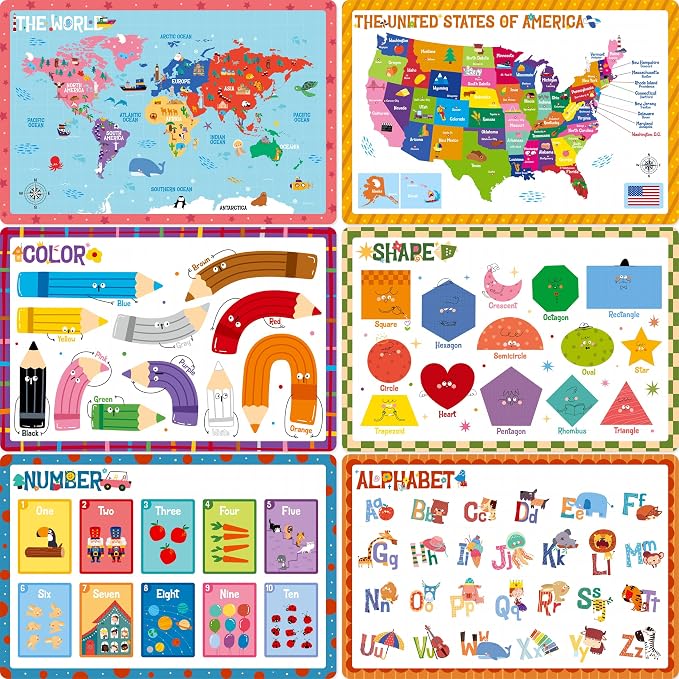 6 Pack Placemats for Kids, Non-Slip Washable, Reusable Alphabet, America & by SpriteGru