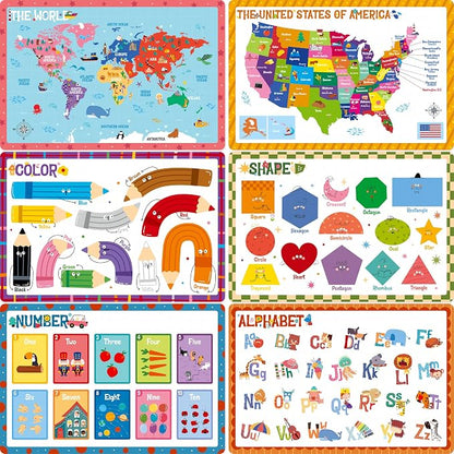 6 Pack Placemats for Kids, Non-Slip Washable, Reusable Alphabet, America & by SpriteGru