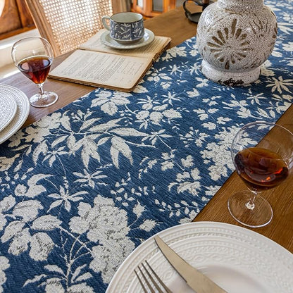 Botanical Jacquard Floral Dining Table Runner Blue 13 x 94 Inch | Jacquard - Image 3