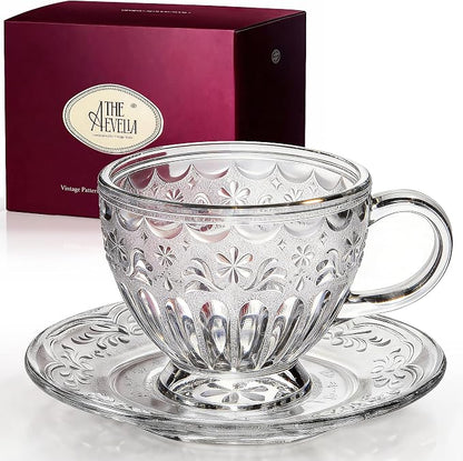 Vintage Glass Tea Cup and Saucer Set, 12 oz Large Coffee Cup | Handcrafted by Unknown