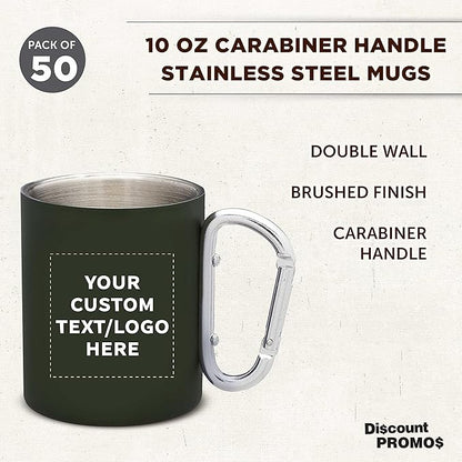 Custom Stainless Steel Mugs with Carabiner Handle 10 oz. Set of 50, Personalized Bulk Pack - Perfect for Coffee, Soda, Other Hot & Cold Beverages - Army Green